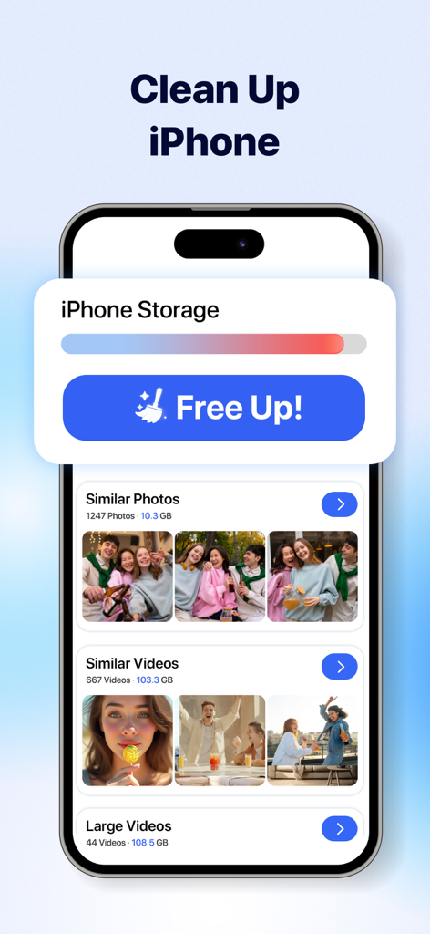 Deep Cleaner: Clean Your Phone - Interface de l'application Deep Cleaner montrant la capacité de stockage et les options pour supprimer les photos et vidéos similaires