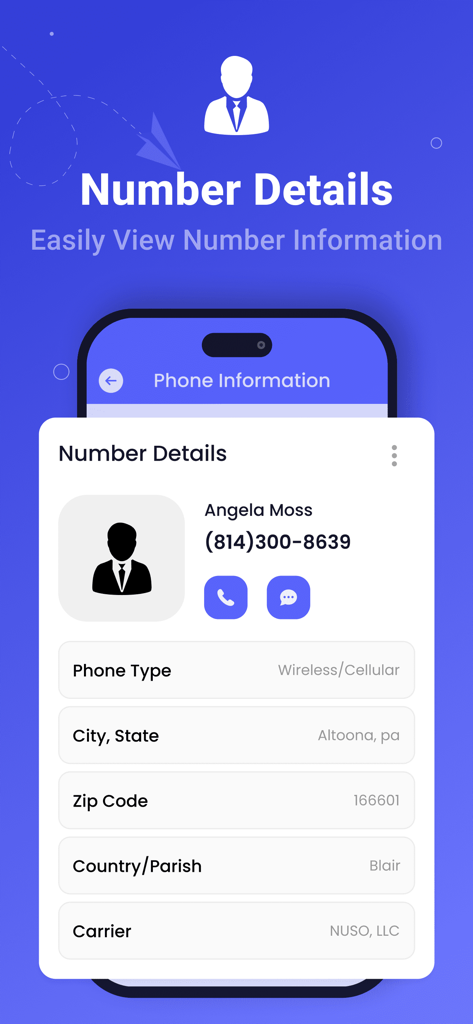 Interface do aplicativo Busca Reversa exibindo nome, localização e informações da operadora para um número de telefone específico.