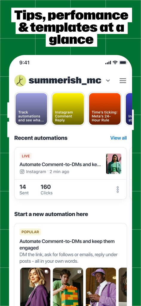 Painel do aplicativo móvel Manychat exibindo métricas de desempenho de automação e modelos de mídia social