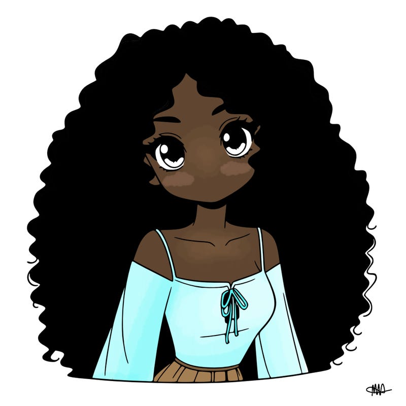 a black anime girl with long afro hair