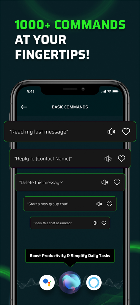 Voice Command Hub - Screenshot of the Voice Command Hub app showing a list of basic messaging commands for Siri, Alexa, and Google Assistant.
