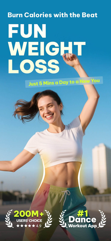 A happy woman dancing outdoors highlighting toned abs and the Dancefitme fun weight loss program