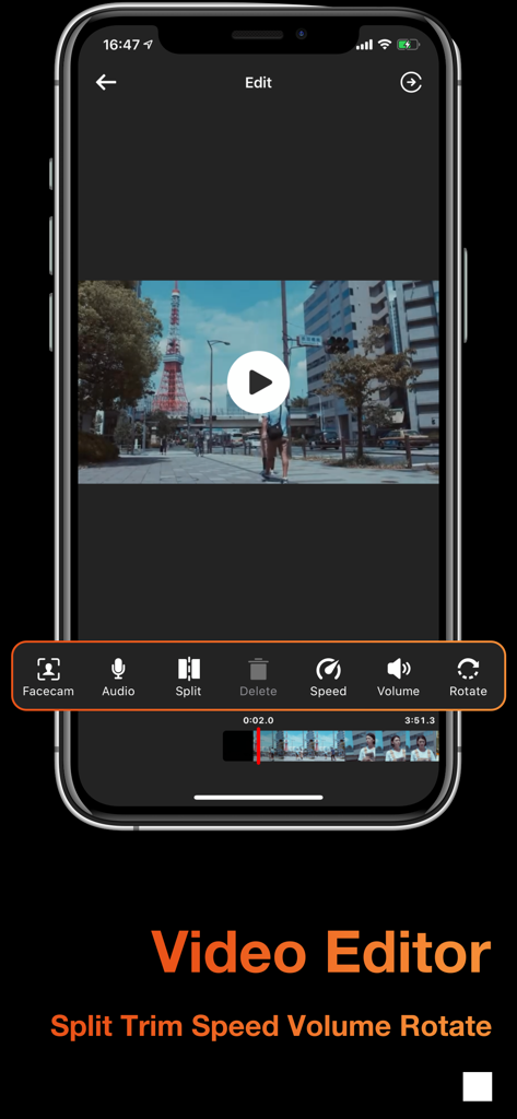 Screen Recorder ° - Video editor interface of Screen Recorder app showing tools for split trim speed and volume adjustment