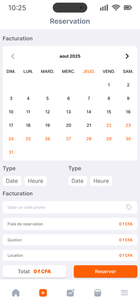 Reservation screen of the Loomi app showing a booking calendar and billing details for travel services in Africa.