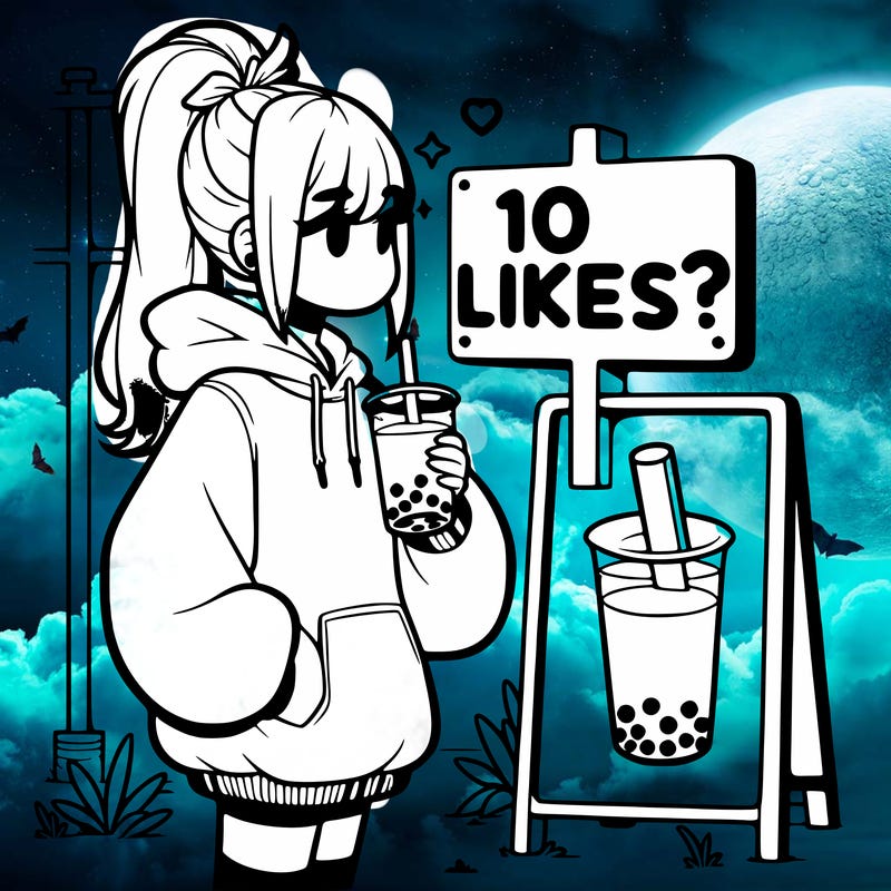 girl with oversized hoodie drinking boba and she has a high ponytail with a sign that says 10likes?