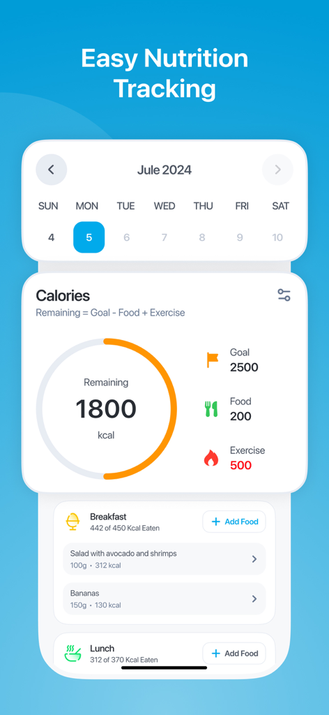 CScore: Calorie & Food Tracker - Daily calorie and nutrition tracking dashboard showing remaining calories and logged meals for breakfast and lunch
