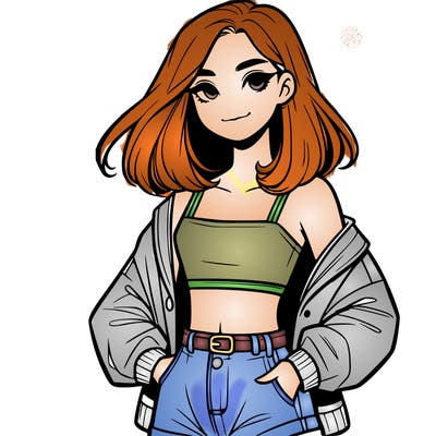a realistic girl with a crop top and short shorts in an open jacket