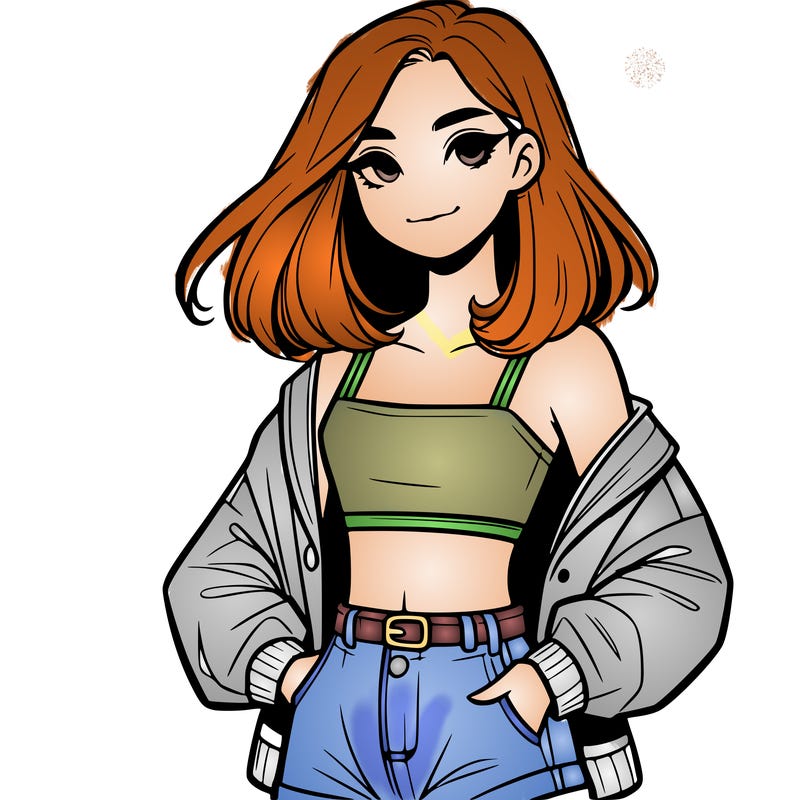 a realistic girl with a crop top and short shorts in an open jacket