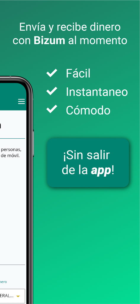 Tela do aplicativo Eurocaja Rural destacando a integração Bizum para transferências instantâneas de dinheiro.