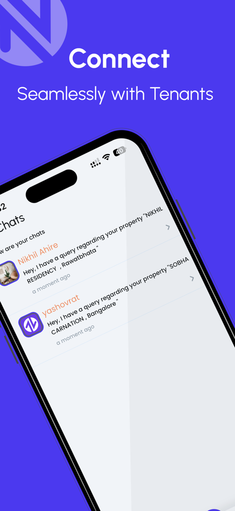 UpHomes - Smartphone display showing the UpHomes app chat interface with messages from tenants regarding property listings.