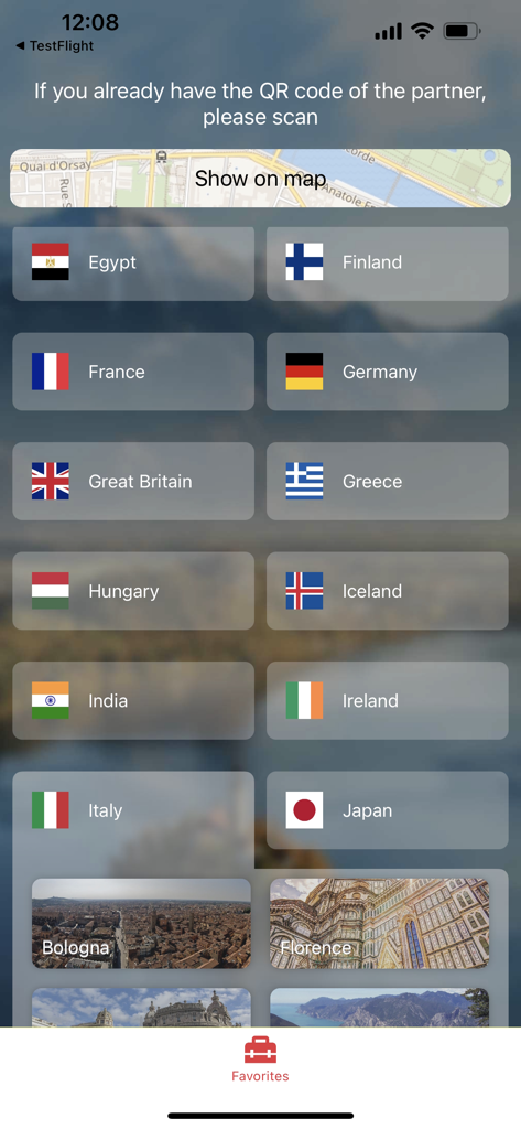 myguide.city - city guide - Écran de sélection de pays de l'application myguide city montrant des destinations internationales avec des drapeaux et des miniatures de villes