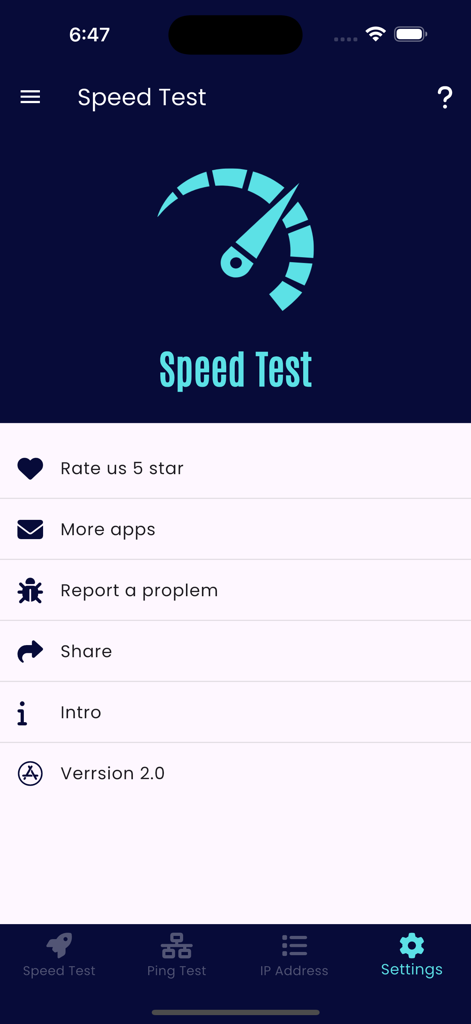 The settings screen of the Speed Internet Test app featuring various menu options and bottom navigation icons.