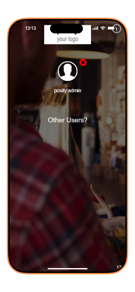 Posify Retail - Posify Retail app user selection screen featuring the admin profile and a blurred retail store background
