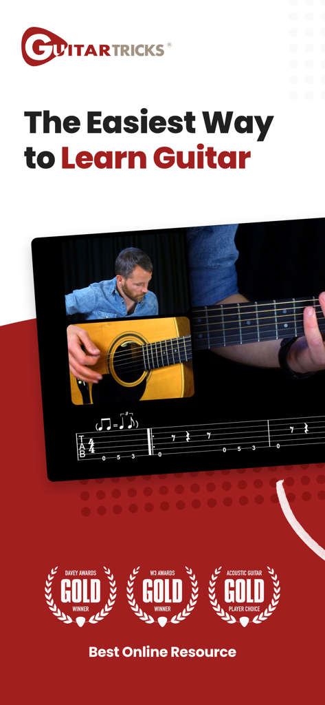 Guitar Lessons - Guitar Tricks - Pantalla de inicio de la aplicación Guitar Tricks que muestra una lección en video con tablaturas de guitarra y logotipos de premios