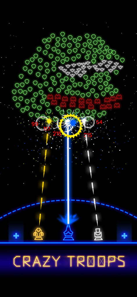 Three space fighters firing laser beams at a large formation of alien troops