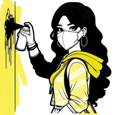 realistic girl with mask spray painting a wall