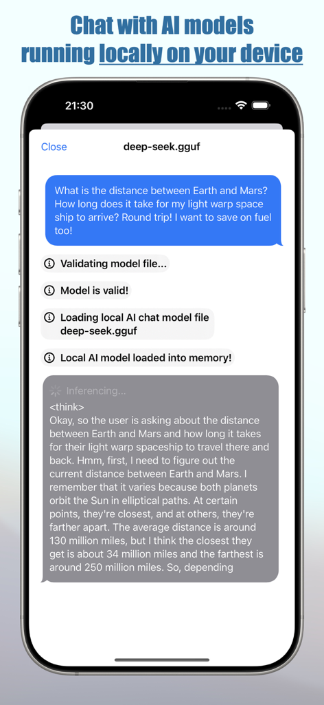 Smart AI: Local LLM & API Chat - iPhone screen showing a private chat with the DeepSeek GGUF model running locally on the device.