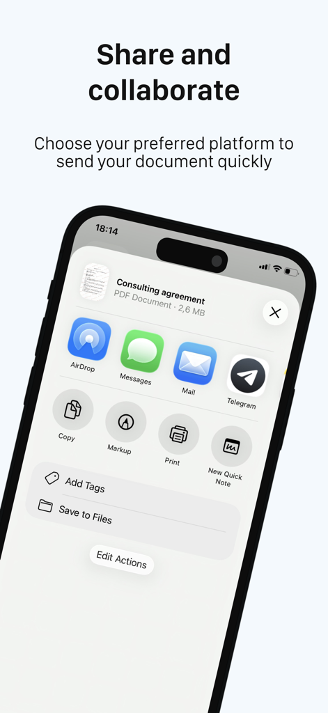 NoPen – Scan docs, Sign & Fill - NoPen app showing iOS share options for a scanned PDF document.