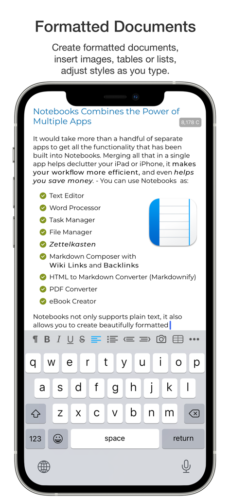 Notebooks – Write and Organize - A mobile screen showing the Notebooks app interface with a formatted document and a checklist of features like task manager and markdown composer.