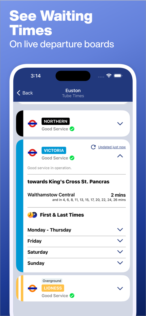 Tube Map Pro app showing live departure boards and waiting times for London Underground stations