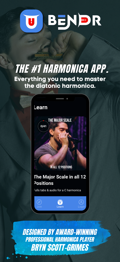 Brynland - Smartphone-Bildschirm, der eine Lektion für Mundharmonika-Dur-Tonleitern von Bryn Scott-Grimes in der Brynland-App zeigt.