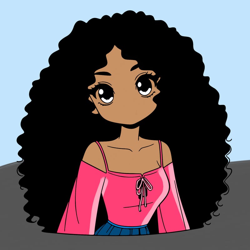 a black anime girl with long afro hair