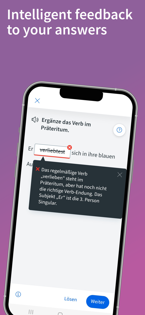 Grammatik aktiv A1-B1 Deutsch - A smartphone screen showing a German grammar exercise with a detailed feedback message explaining a verb conjugation error.