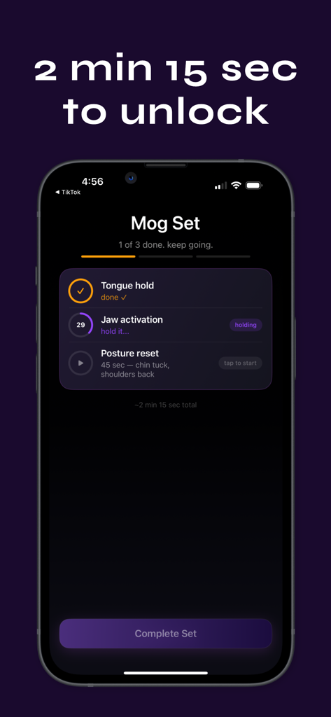Mogged - Earn Your Scroll - Interface of the Mogged app showing a Mog Set list with jaw activation and posture reset drills to unlock phone usage