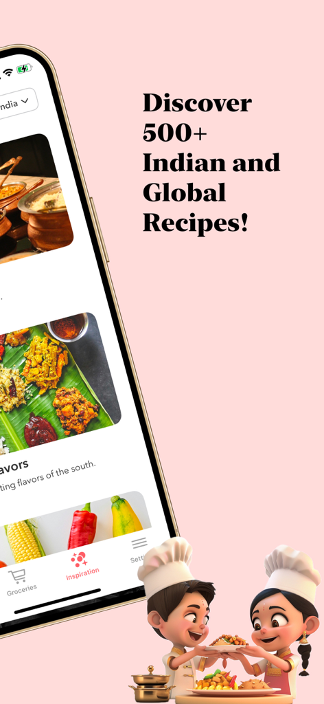 Plat – AI Meal Planner - Schermata dell'app Plat AI Meal Planner che mostra ricette indiane e globali.