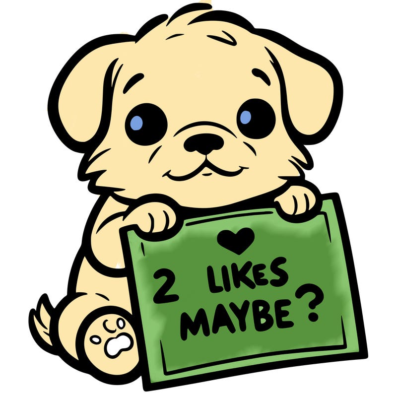 a puppy holding a sign that says 2 likes maybe?