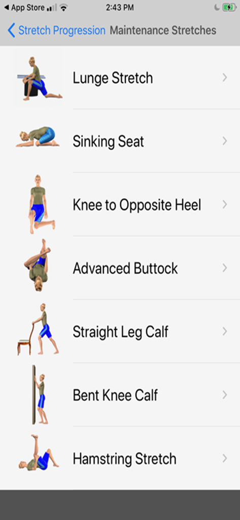 Stretch For Pain Relief Lower - A list of maintenance stretches in the app showing exercises like lunge sinking seat and hamstring stretches with instructional animations