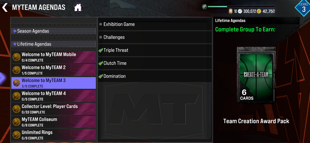 NBA 2K24 MyTEAM - NBA 2K24 MyTEAM agendas menu showing lifetime objectives and reward pack