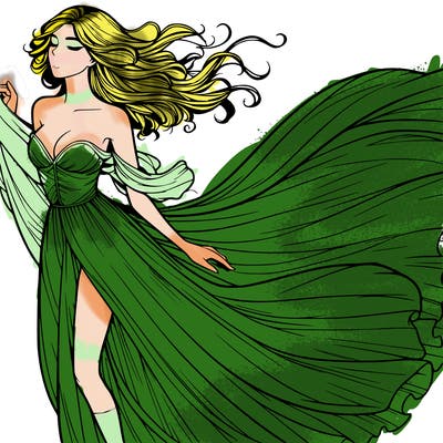 realistic woman in dress flowing the the wind