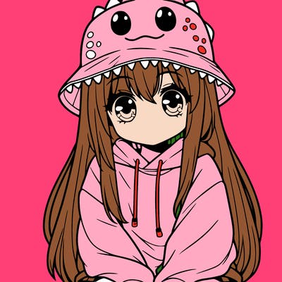 girl with anime shaped eyes with a dinosaur bucket hat oversized sweatshirt long straight hair