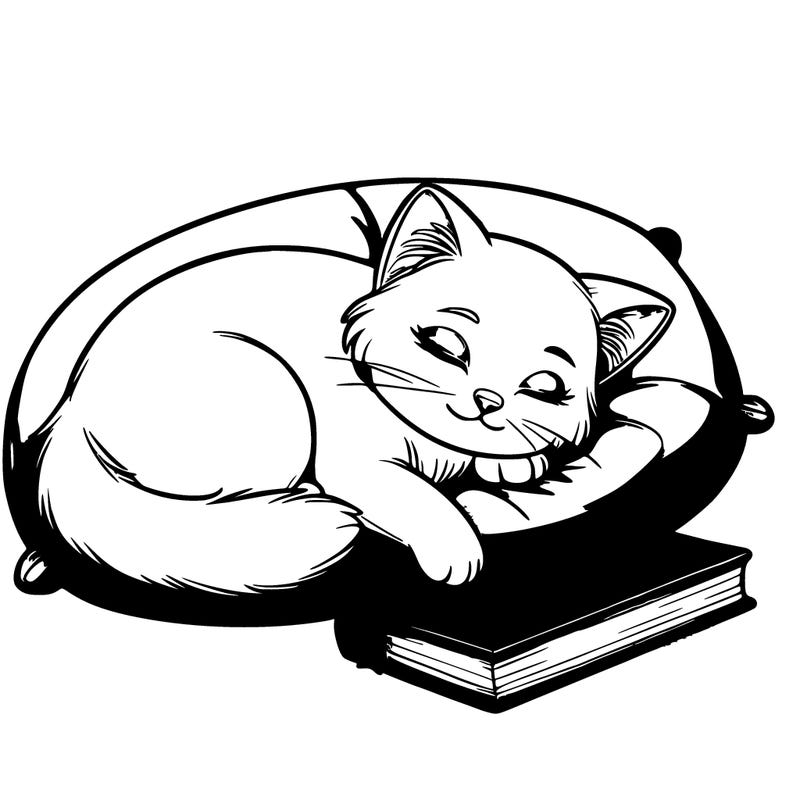 a realistic sleeping white cat with blue eyes sleeping on a pink pillow by a book