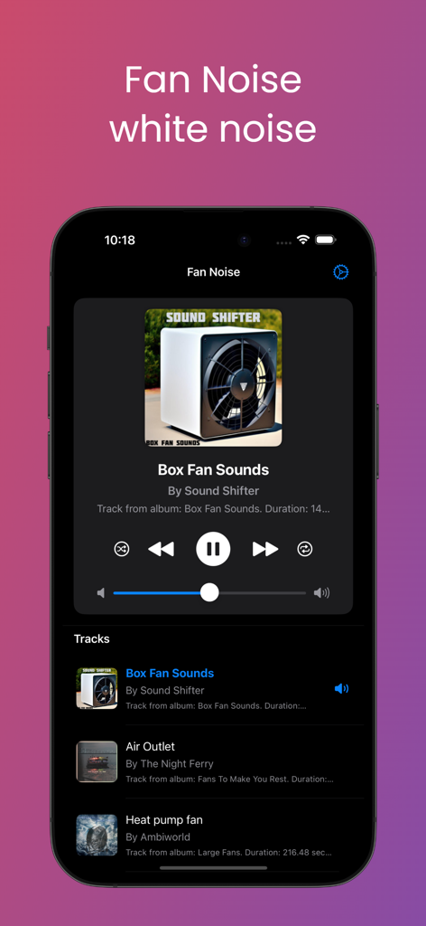 Fan Noise White Sleep Sounds - Interfaz de la aplicación Fan Noise White Sleep Sounds mostrando pistas de audio para dormir