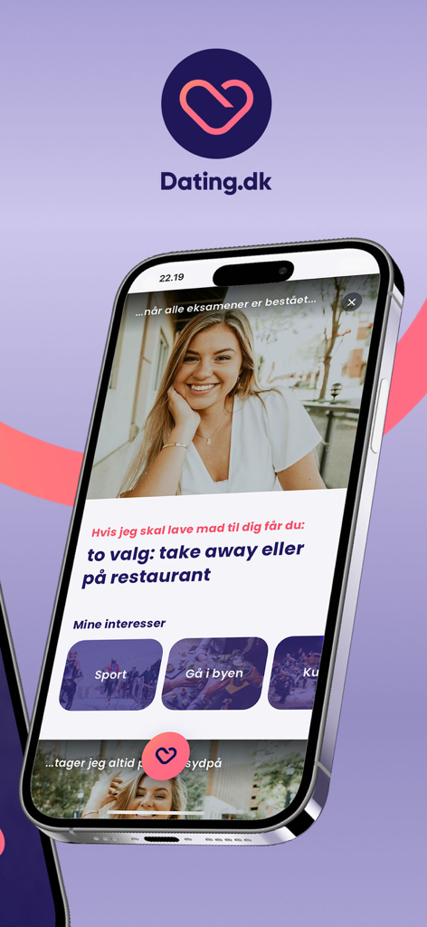 Dating.dk - IPhone screen displaying a dating profile on the Dating.dk app with photos and interest tags