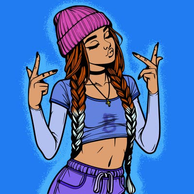 realistic teenage girl with braids and a beanie and crop top doing 🫶🏼