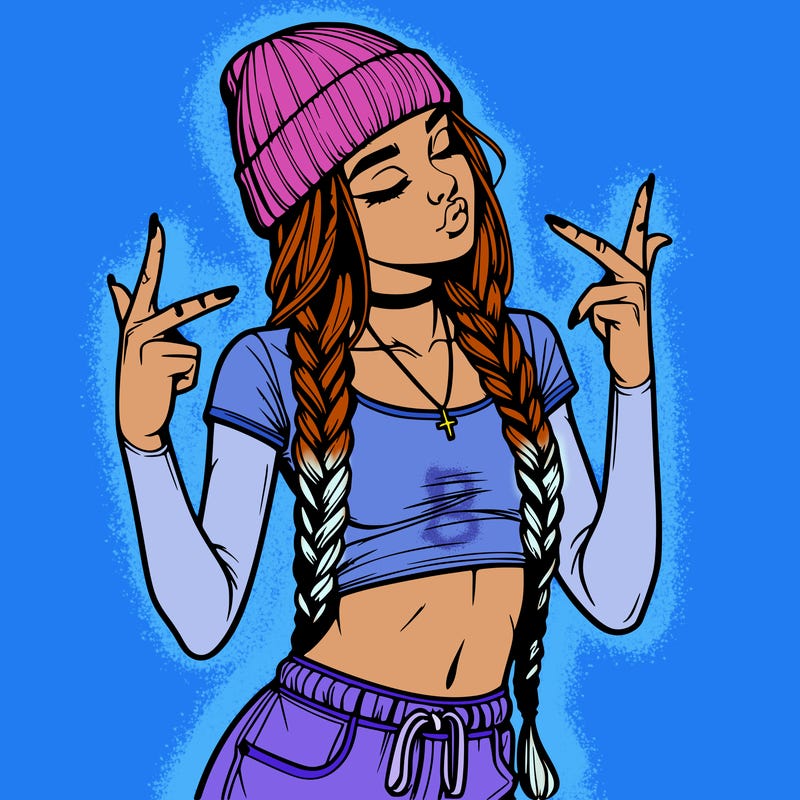 realistic teenage girl with braids and a beanie and crop top doing 🫶🏼