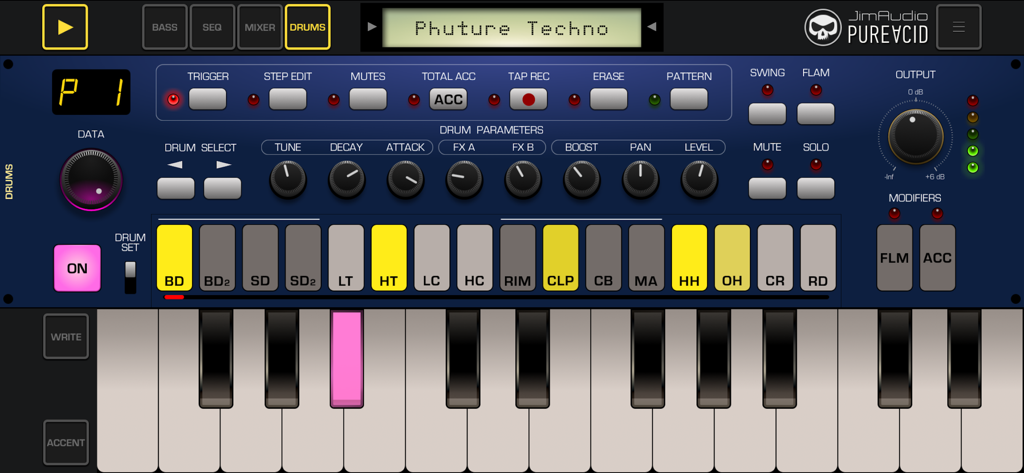Interface de l'application Pure Acid montrant la section de la boîte à rythmes avec des potentiomètres style analogique et un séquenceur.