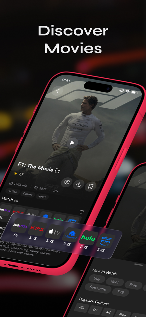 ClipFix: Movie Shazam - ClipFix app interface displaying movie details for F1 The Movie and available streaming platforms with prices.
