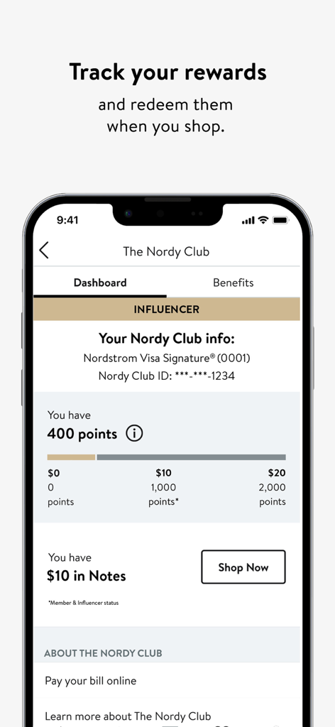 The Nordy Club dashboard in the Nordstrom app showing reward points and status