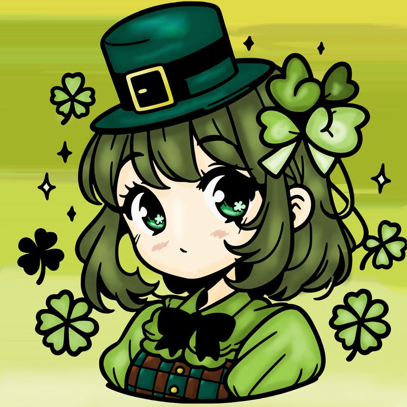 a manga-style girl with clovers around her, a little hat in her hair, like it's saint patrick's day