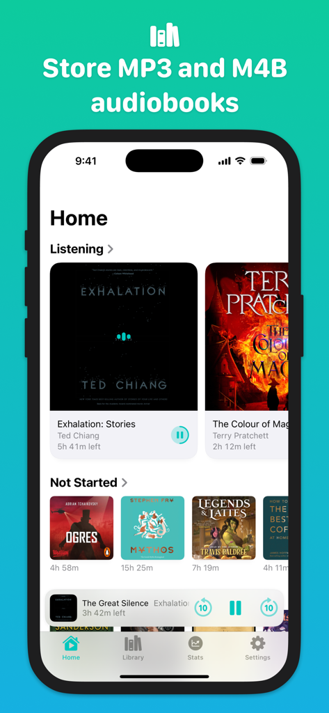 Every Word: Audiobook Player - Every Word app home screen showing a library of stored MP3 and M4B audiobooks