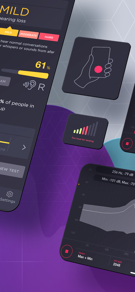 Decibel : dB sound level meter - Interface de l'application Decibel Meter Pro montrant les résultats des tests auditifs et un analyseur de spectre de fréquences sonores en temps réel.