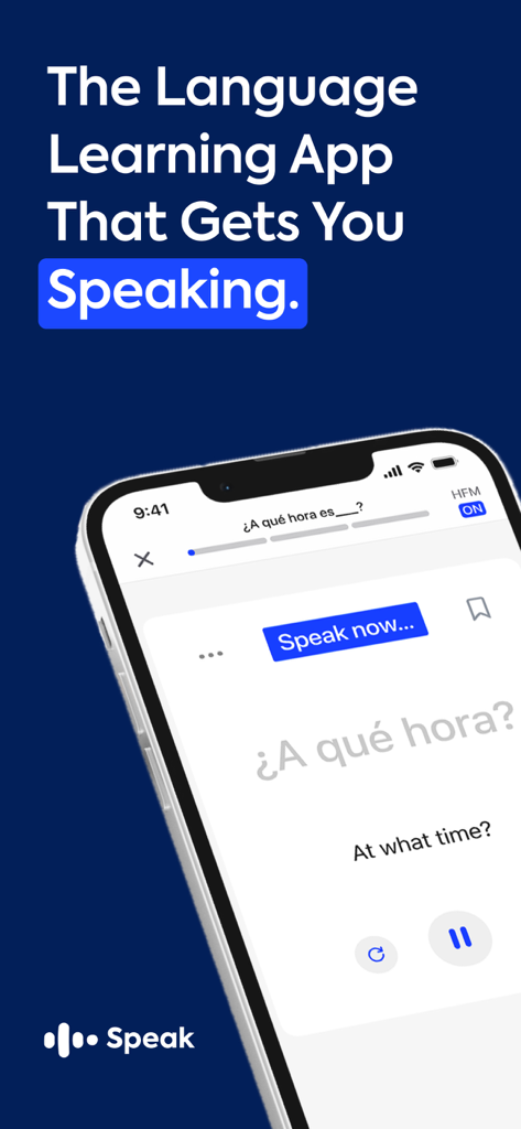 Speak App-Oberfläche, die eine spanische Sprechübung mit Echtzeit-KI-Feedback zeigt.