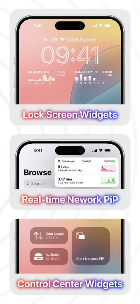NetMonitor+ - NetMonitor plus app features showing lock screen widgets and real time network picture in picture