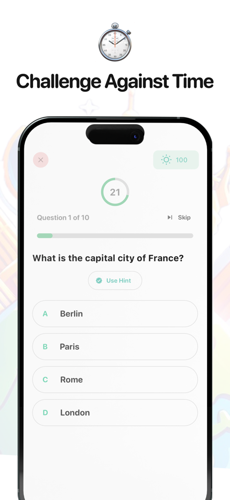 Screenshot einer zeitgesteuerten Geografie-Quizfrage nach der Hauptstadt Frankreichs mit Multiple-Choice-Antworten.