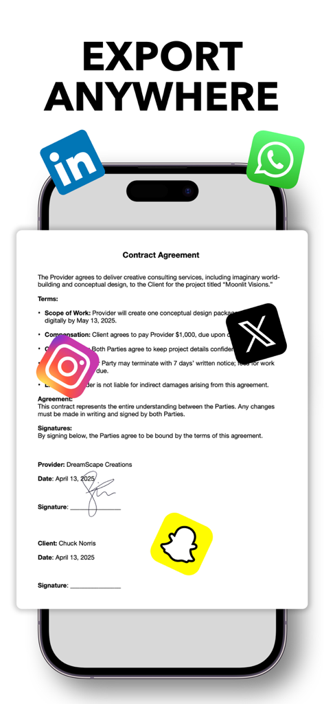 A smartphone screen displaying a signed contract agreement with social media icons for exporting documents