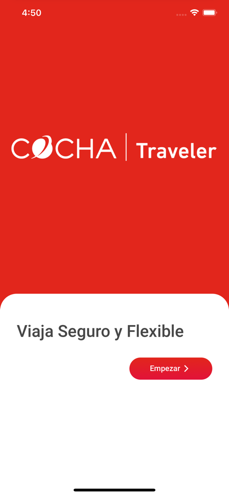 Cocha Corp Traveler Startbildschirm mit rotem Hintergrund und Start-Button